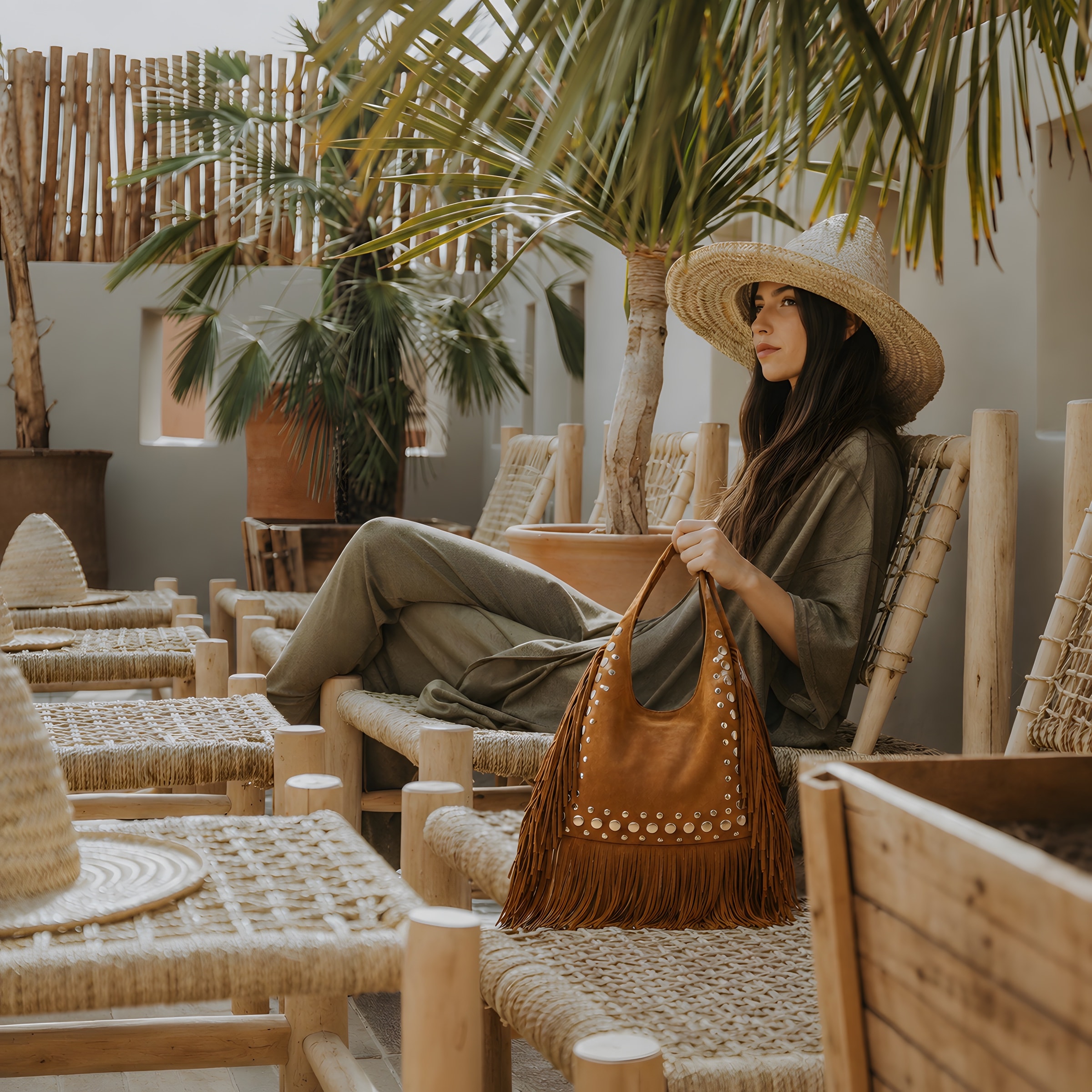 MARRAVA camel fringe bag styled at a sunny Marrakech terrace