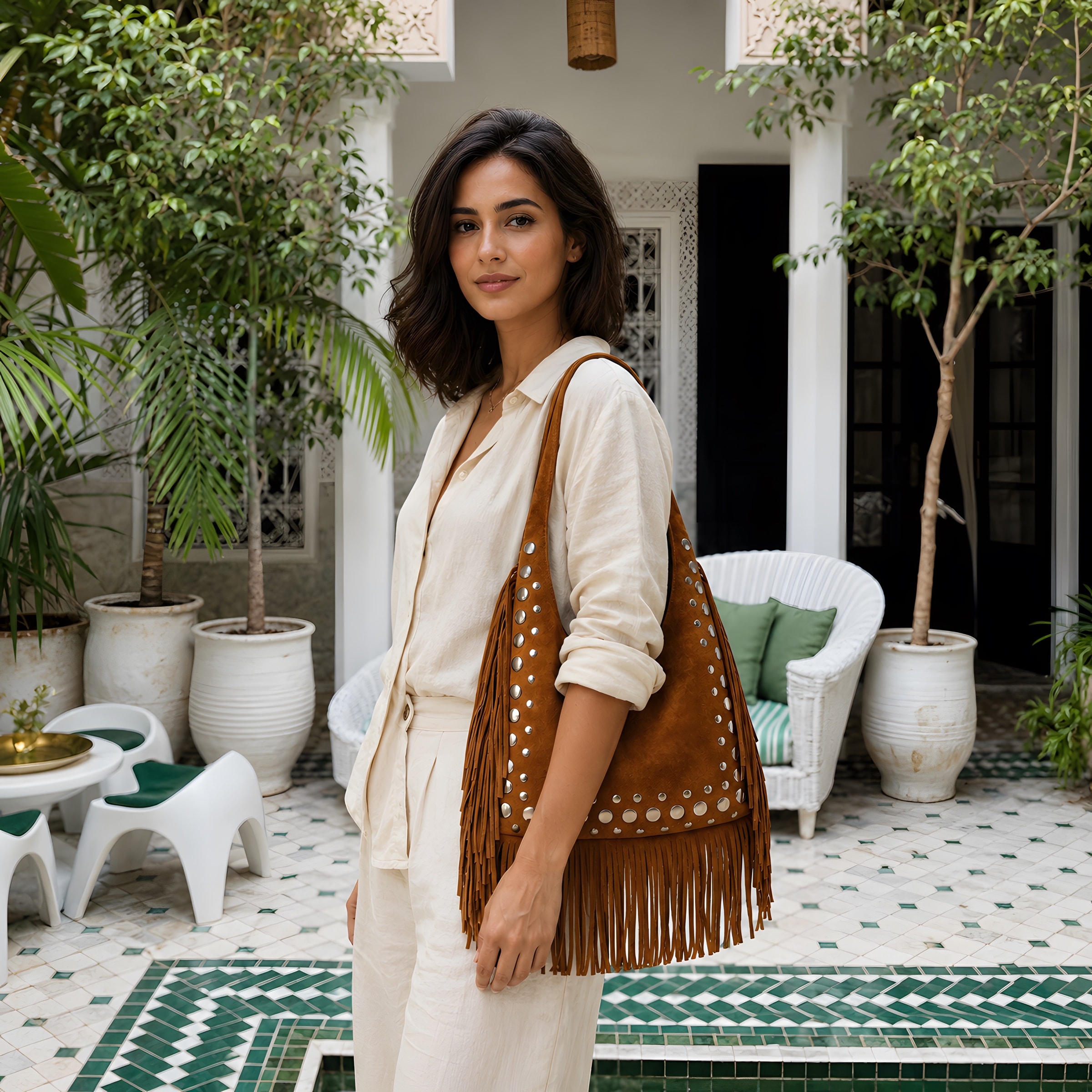 MARRAVA camel fringe bag in a green-tiled riad courtyard