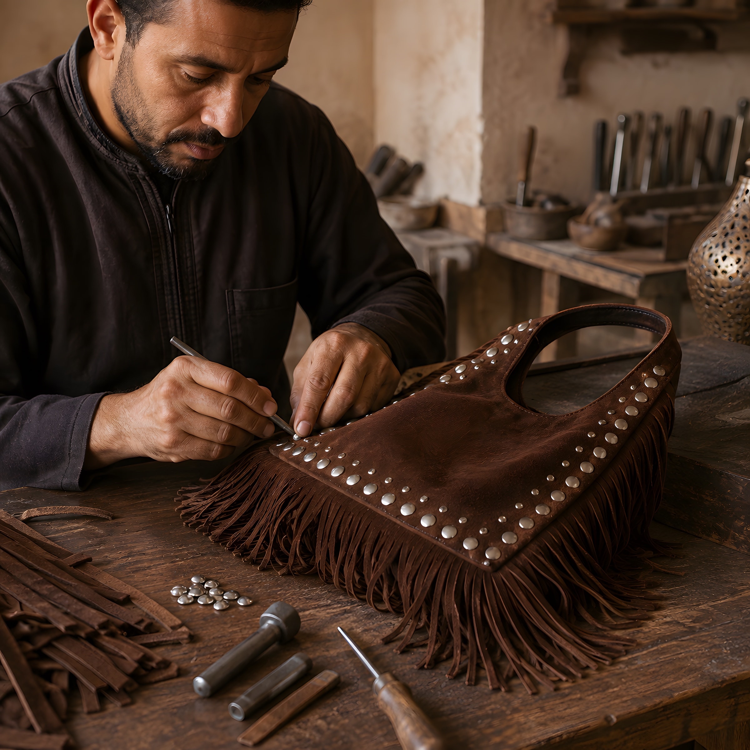 Artisan handcrafting a MARRAVA bag in Marrakech